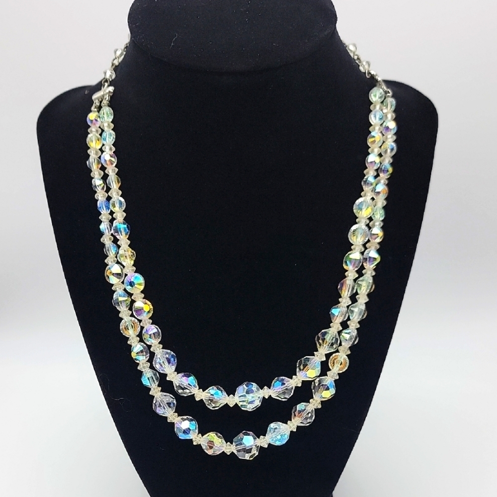 VTG Elegant 2 Strand Silver Crystal AB Aurora Borealis Necklace 15-18" Extender